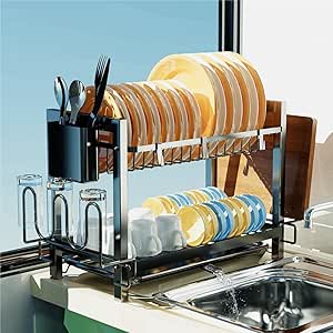 Yexati 2 Tier Dish Drying Rack,Large Capacity Dish Drainer,Kitchen Dish Rack With Utensil Organzie,Dish Drainer Rack With Cutting Board Holder,Plus 3 Hooks,Black
