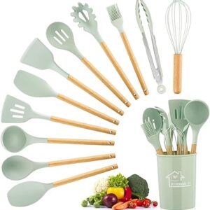 Kitchen Utensils Set, 12 Pcs Silicone Cooking Utensils with Holder, Non-Stick Cooking Tools with Wooden Handle, Silicone Kitchen Gadgets Cooking Spatula Turner Heat Resistant Tools