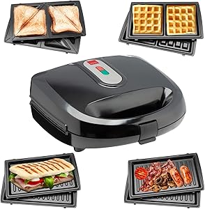 Sensio Home Multi Functional 3 in 1 Stylish Waffle, Deep Fill Sandwich, Panini or Grill Maker Machine Interchangeable Non Stick Easy Clean Plates, Secure Lock Plus Ready & Power Lights, Powerful Iron
