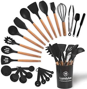 Lumivive Kitchen Utensils Set– Food-Grade Silicone -Elevate Culinary Experience w 24-Piece Premium Cooking Utensils Set-Hanging Loops for Storage Silicone Kitchen Utensils Set(Avoid Abrasive for Wash)