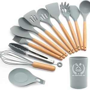 FXY Silicone Kitchen Utensils Set,13 Pcs Wooden Handles Spatula Set,Cooking Utensils for Non Stick Pans,Silicone Spatulas for Cooking Kitchen Gadgets Tools (Grey)